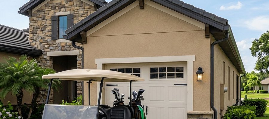 Golf cart garage addition Sun Lakes AZ with paver driveway and matching stucco exterior